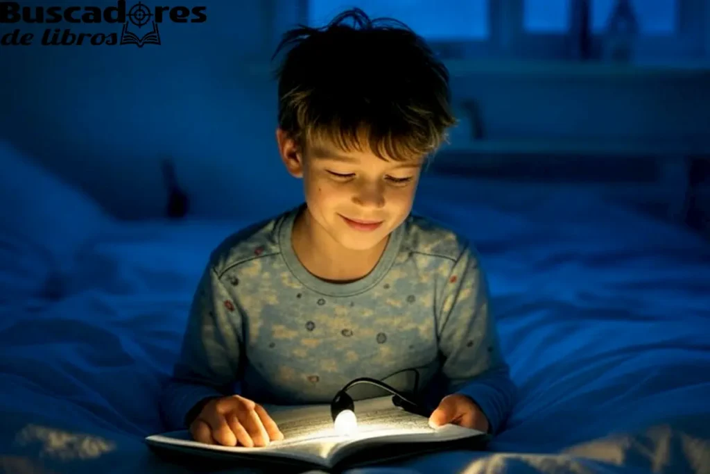 niño usando lampara de lectura